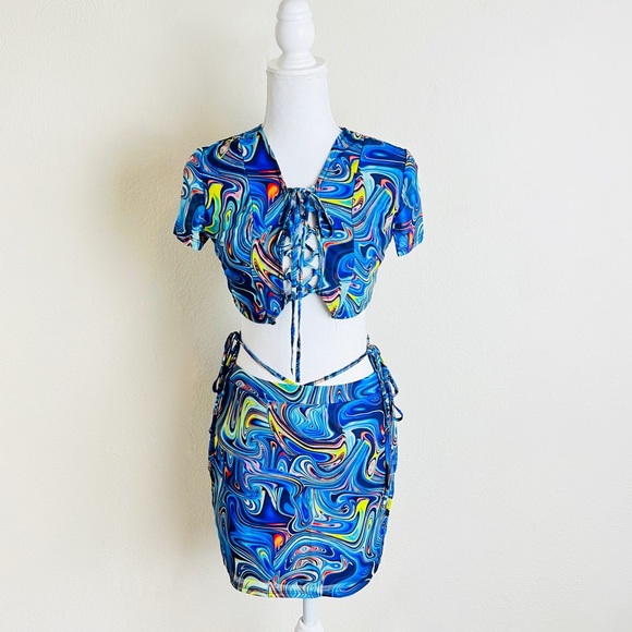 Dolls Kill Dresses & Skirts - Blue Marble Trippy Front Lace Up Short Sleeve Crop Top & Side Tie Mini Skirt Set